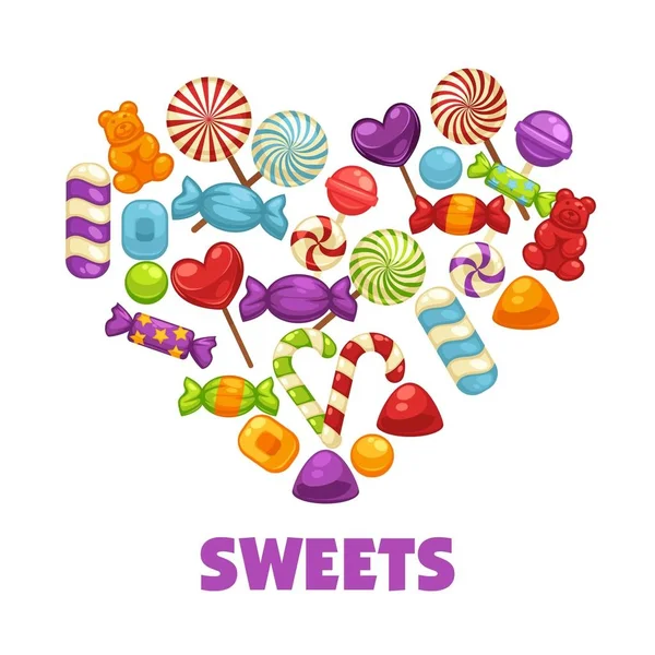 Delicious Sweets Lollipops Heart Shape Poster Tasty Caramel Candies Wooden — Stock Vector