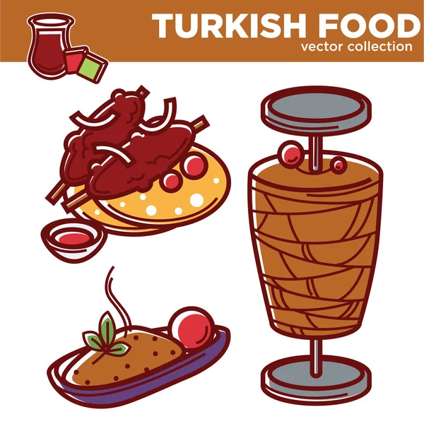Turks Eten Vector Verzameling Van Smakelijke Voedzame Gerechten Heerlijke Meet — Stockvector
