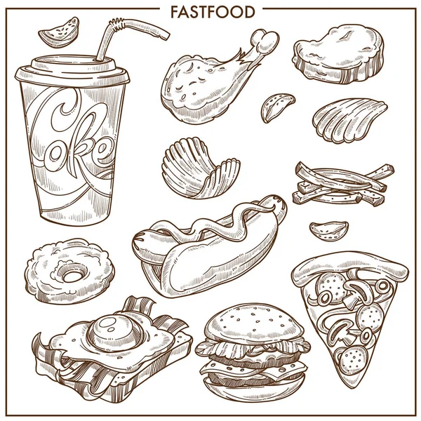 Fast Food Croquis Icônes Ensemble Vectoriel Isolé Hamburgers Fastfood Sandwich — Image vectorielle