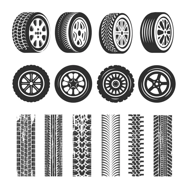 汽车轮胎和轮胎跟踪花纹的痕迹 矢量汽车轮胎不同类型保护钉纹理设置在白色背景 — 图库矢量图片