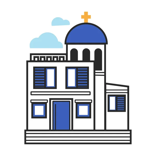 Grecki Kościół Białymi Ścianami Niebieski Ramki Mały Złoty Krzyż Dachu — Wektor stockowy