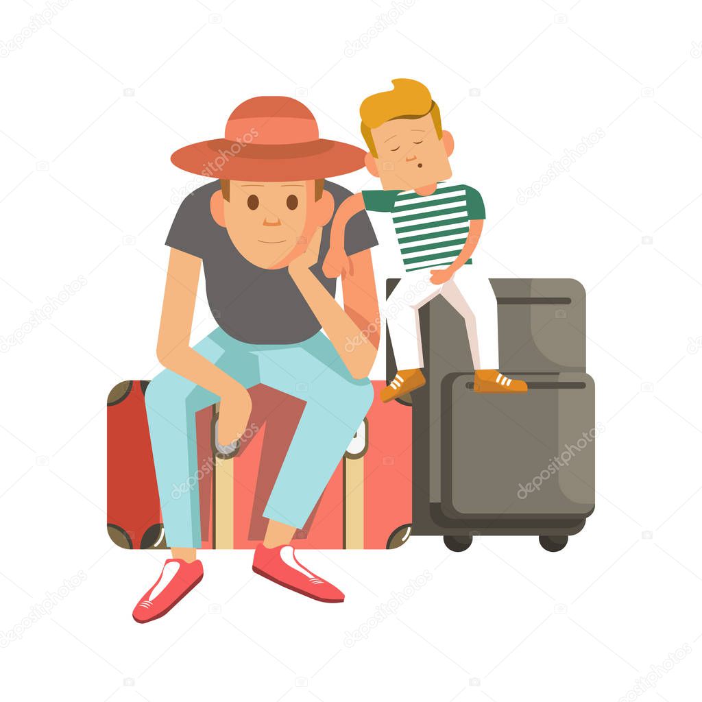 Young father in summer hat and little son in striped T-shirt and white pants sit on full suitcases and wait for great family travel isolated cartoon flat vector illustration on white background.