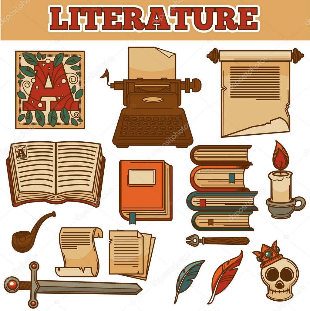 Literature books and writer icons. Vector old vintage typewriter, rare adventure or detective fiction books, quill ink pen and skull candle, smoking pipe and ancient sword