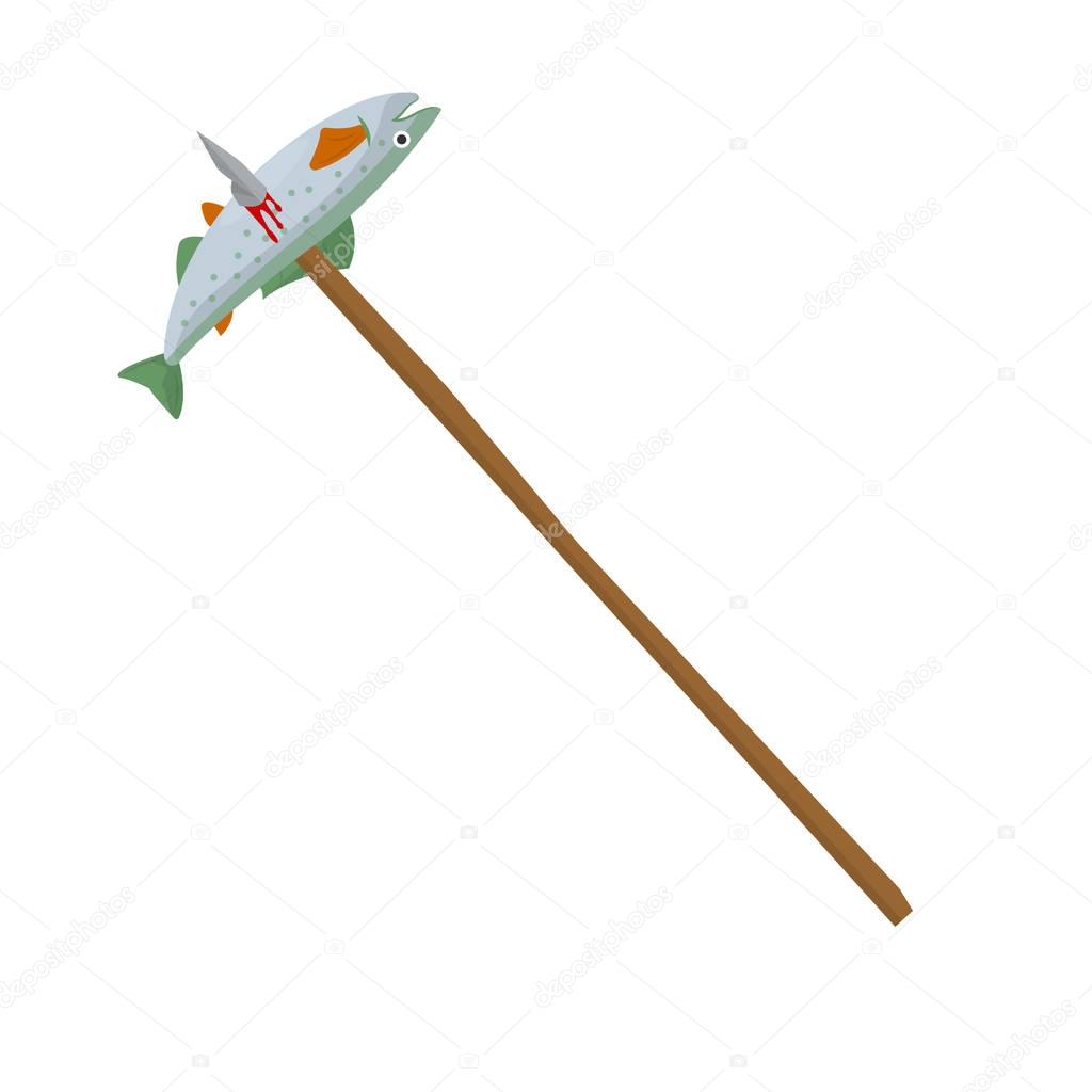 Stone age fishing harpoon primitive tool vector flat icon. Neanderthal man fish rod instrument for food hunt