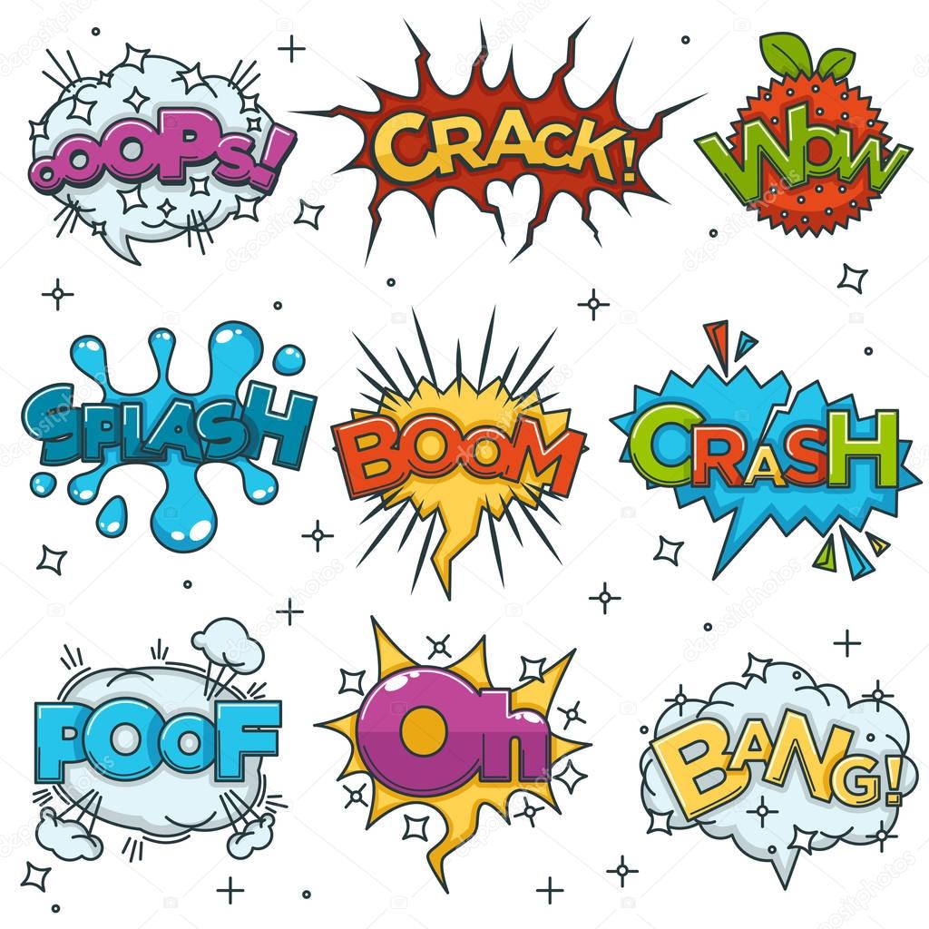 Boom, Bang and Wow sound blast speech bubbles comic cartoon icons. Pop art Crack and Oops cloud explodes, color crash, oh or splash and foof, isolated on white set