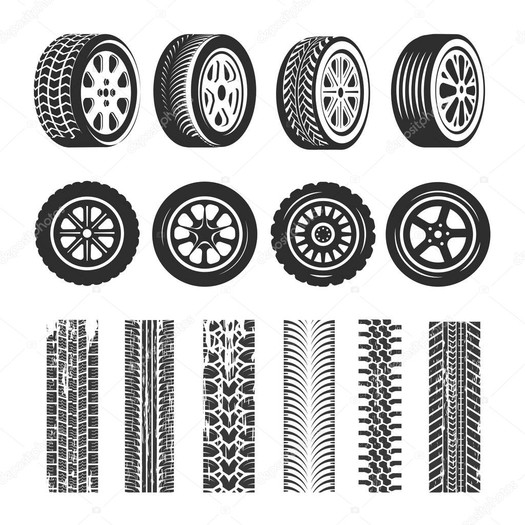 Car tires and tire track traces of tread pattern. Vector car tire different types protector tack texture set on white background