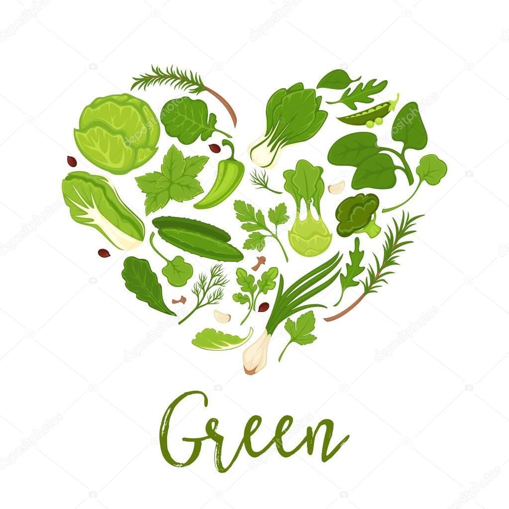 Vegetables and green lettuce salads heart poster for healthy detox diet. Vector cucumber, kohlrabi or broccoli cabbage and onion, onion leek and farm grown parsley or dill and arugula or spinach
