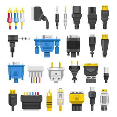Kablo jakları farklı bağlayıcılar bağlantı noktaları çıkışlarını düz simgeler. Video veya ses HDMI veya Usb şarj cihazı eski ve modern kablo dijital veya mobil cihazlar için vektör düz izole