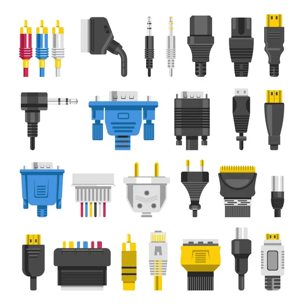 Los Conectores Cable Conectan Diferentes Puertos Salida Iconos Planos Cable — Vector de stock