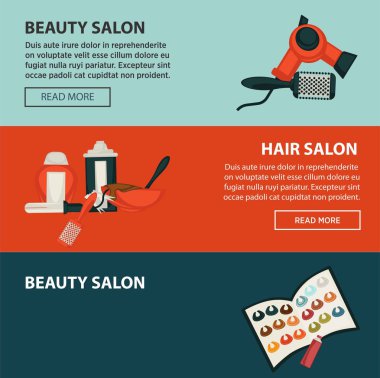 Kuaför Güzellik Salonu web afiş tasarım şablonu saç boyama için düz ve stil perma. Vektör profesyonel kuaför saç boyası, makas veya saç fırçası tarak ve kurutma makinesi veya püskürtme Kuaför salon