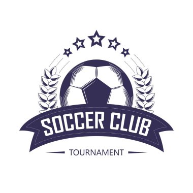 Futbol kulübü veya futbol takım Ligi logo şablonu. Vektör hat futbol topu şampiyonu zafer laurel, şerit ve yıldız sembolü. Futbol Şampiyonası veya Kupası spor turnuvası için hanedan amblemi