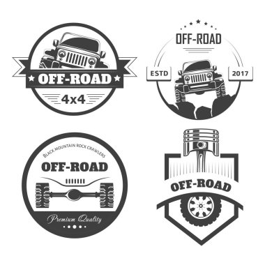 Off-Road 4 x 4 extreme araba kulübü logo şablonlar. Vektör simgeler ve off road araç ya da kamyon ile tekerlek lastikleri ve motor motor piston dağ ya da kaya Damper club için simgeleri