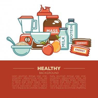 Fitness gıda Spor sağlıklı diyet gıda beslenme poster poster. Vektör düz tasarımı protein içki, doğal sebze veya meyve, spor salonu enerji bar ve kitle veya kilo kaybı hapları ve diyet takviyeleri