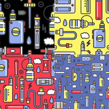 Vape cihazları ve aksesuarları ile aromalı buhar Dikişsiz desen. Alternatif yasaktır araçları ve elektronik sigara izole karikatür vektör çizim içinde kırmızı bir arka plan üzerinde sonsuz desen.
