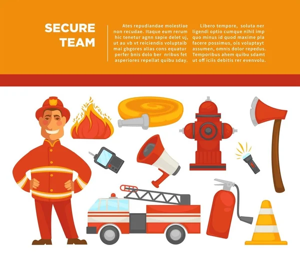 Fireman profession and fire secure protection poster of fire extinguishing equipment tools. Vector flat design of fire extinguisher, water hydrant and hose, alarm siren and axe