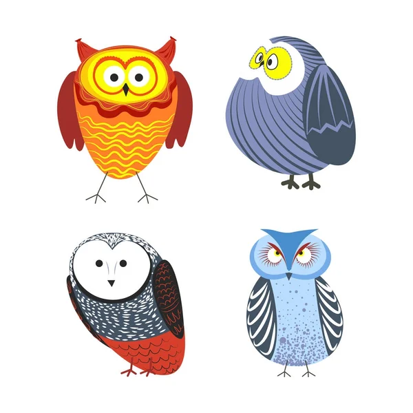 Set Owls Cartoon Kid Funny Characters Feather Ornament — Stock Vector