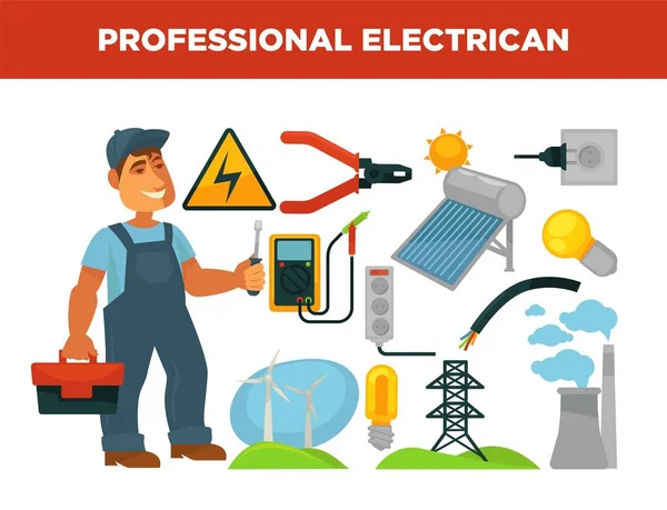 Eletricista Profissão Infográficos Modelo Cartaz Engenheiro Elétrico Reparador Eletricidade Trabalhador —  Vetores de Stock