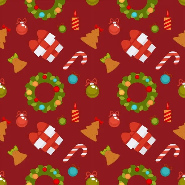 Natal Sem Costura Padrão Com Presentes Biscoitos Grinaldas — Vetor de Stock