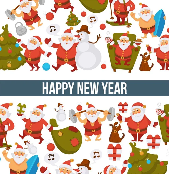 新年快乐动画片圣诞老人庆祝假日或有休闲夏天有趣的图标贺卡设计 — 图库矢量图片