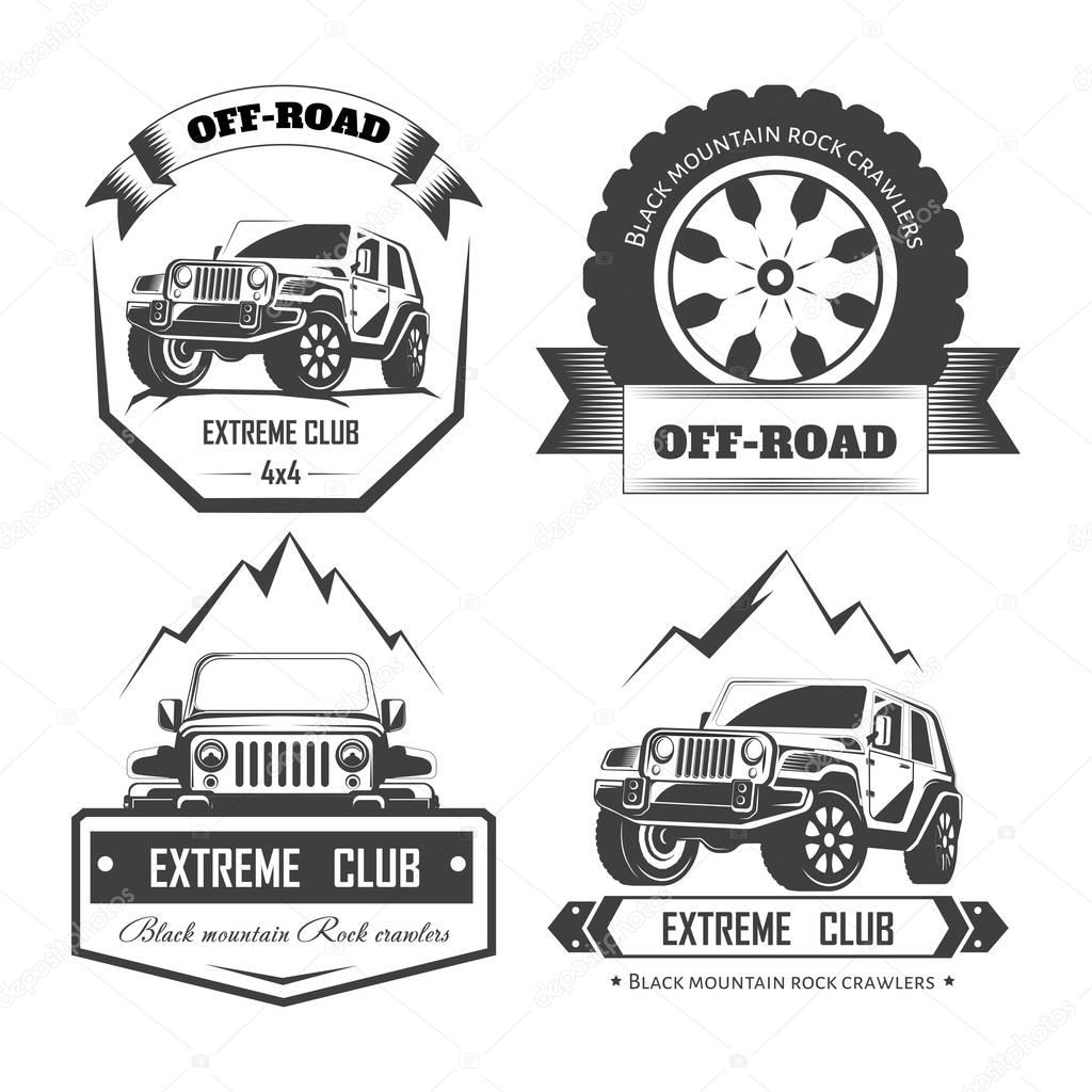 Off-road 4x4 extreme car club logo templates. Vector symbols and icons of off road car or truck with wheel tires and motor engine piston for mountain or rock crawlers club