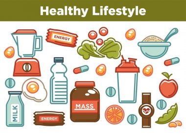 Fitness gıda Spor sağlıklı diyet gıda beslenme poster poster. Vektör düz tasarımı protein içki, doğal sebze veya meyve, spor salonu enerji bar ve kitle veya kilo kaybı hapları ve diyet takviyeleri