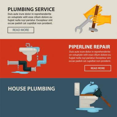 House Tesisat hizmet ve boru hattı promosyon Internet sayfaları şablonları lastik eldiven, metal aletleri ile onarım, kaçak ve dalgıç karikatür vektör çizimler ile kırık tuvalet lavabo.