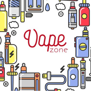 Vape ürünleri posteri sigara için lezzet ve aroma ile Buhar üreten modern cihazlarla izole karikatür düz vektör çizimler