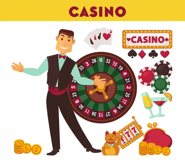 Casino Lavoratore Attrezzature Gioco Isolati Set Illustrazioni Vettoriali Croupier Completo — Vettoriale Stock