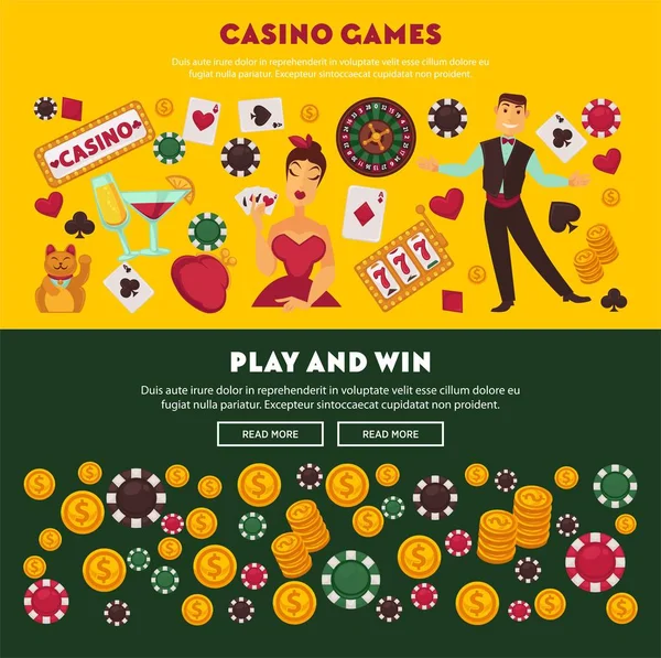 Jeux Casino Jouer Gagner Affiches Internet Promotionnelles Avec Des Boutons — Image vectorielle