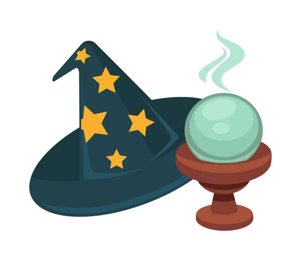精灵锥帽与大明星和魔术透明闪亮的玻璃球上面的烟雾在木架孤立卡通平面矢量插图白色背景 魔术配件展示 — 图库矢量图片