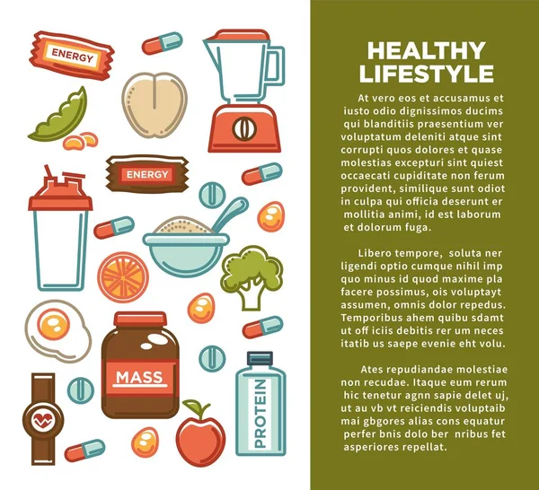 Fitness gıda Spor sağlıklı diyet gıda beslenme poster poster. Vektör düz tasarımı protein içki, doğal sebze veya meyve, spor salonu enerji bar ve kitle veya kilo kaybı hapları ve diyet takviyeleri