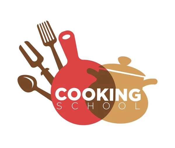 Logotipo Anuncio Escuela Cocina Con Utensilios Cocina Utensilios Para Deliciosos — Vector de stock