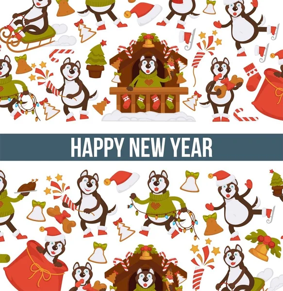 新年快乐2018卡通狗狗庆祝节日贺卡设计模板 矢量狗滑稽的字符图标圣诞圣诞树装饰和圣诞礼物袋圣诞老人雪橇 — 图库矢量图片