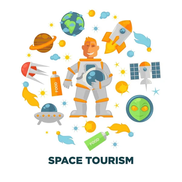 Espaço de turismo cartaz promocional com astronauta e naves espaciais —  Vetores de Stock