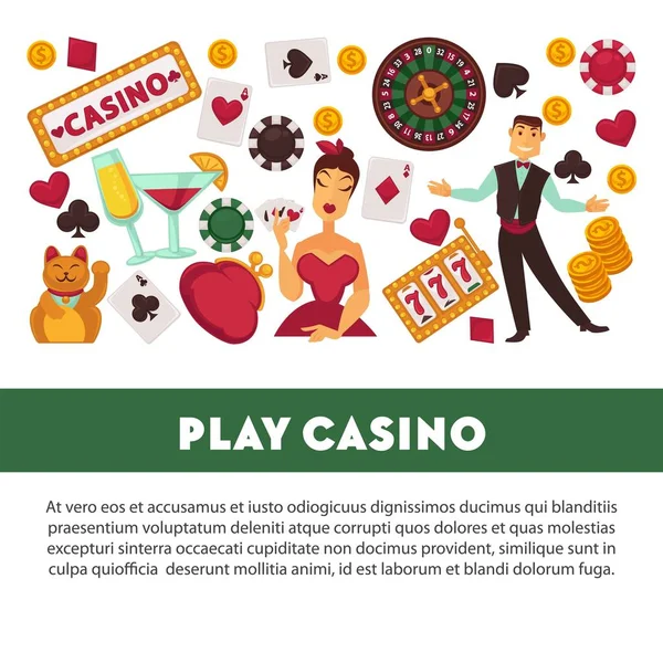 Spelen Casino Promotie Poster Met Apparatuur Voor Gokken Croupier Werknemer — Stockvector