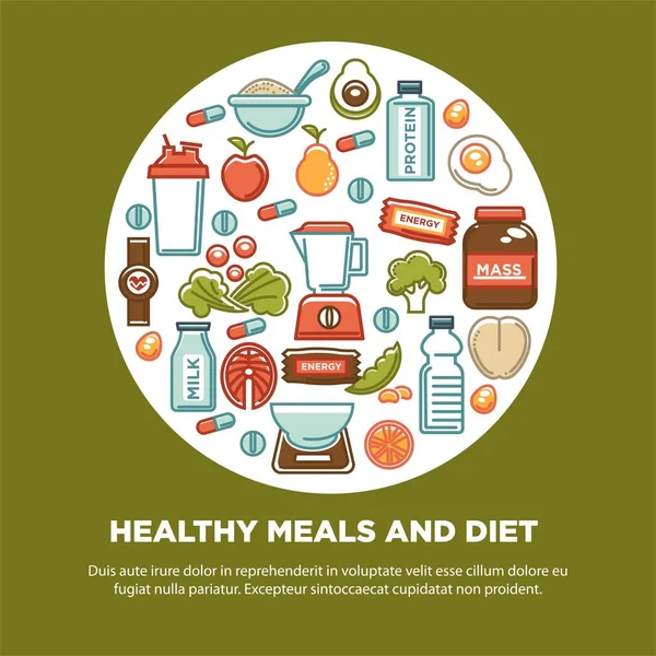 Плакат Здорового Питания Фитнеса Иконы Здорового Питания Векторная Плоская Конструкция — стоковый вектор