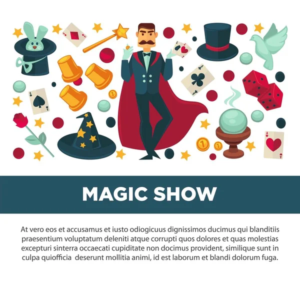 Magic Show Cartaz Promocional Com Mágico Terno Com Manto Vermelho — Vetor de Stock