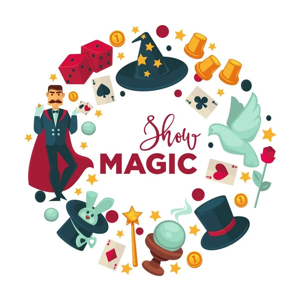 マジック ショーのパフォーマンス属性を持つプロモーション ロゴタイプ マントの魔術師 ウサギ帽子 白い鳩 トランプ ガラス玉 赤いサイコロと紙コップのベクトル記号の周りのイラスト — ストックベクタ
