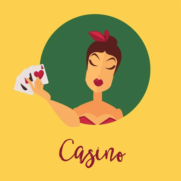 Casino Promo Poster Tutan Saç Kırmızı Elbiseli Eşarplı Kadın Müşteri — Stok Vektör