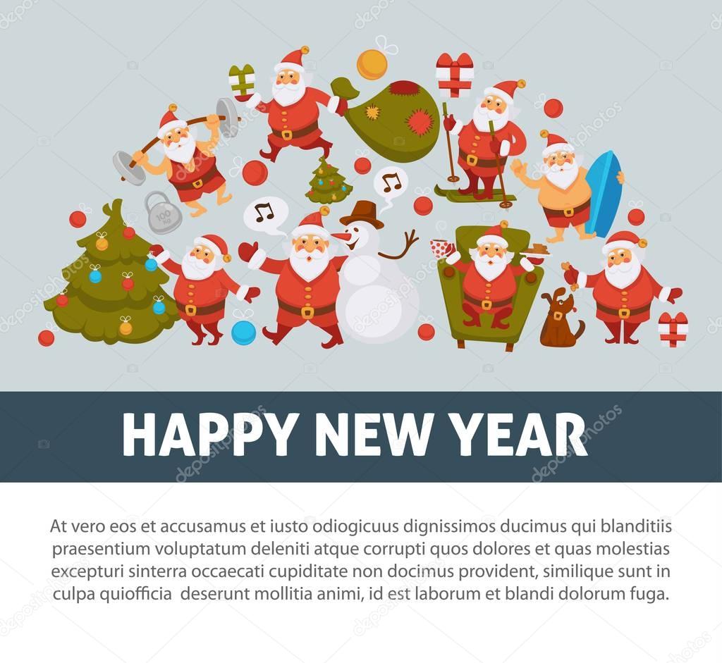 Happy New Year 2018 poster with Santa Clauses in traditional costume, sport suit and swimming trunks, snowman in hat, decorated Christmas tree, gift boxes with bow and cute dog vector illustrations.