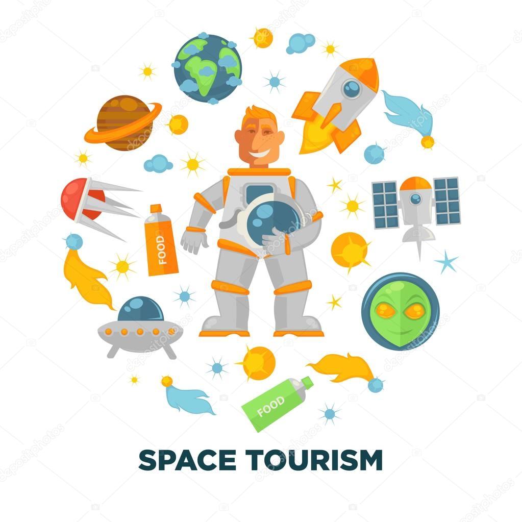 Space tourism promotional poster with spaceman and spacecrafts