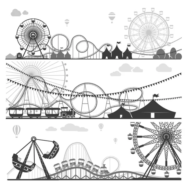 Parques de atracciones con atracciones divertidas — Vector de stock