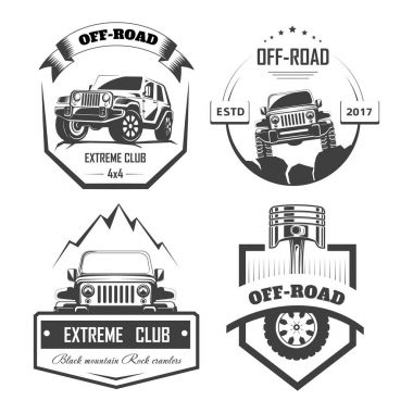 Off-Road 4 x 4 extreme araba kulübü logo şablonlar. Vektör simgeler ve off road araç ya da kamyon ile tekerlek lastikleri ve motor motor piston dağ ya da kaya Damper club için simgeleri