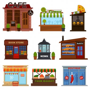 Mağazalar ve kafeler sokak vitrinler ürünleri ile ayarlayın. Rahat kafe, taze çiçekler, pizza house, kitap mağazaları, haber kiosk, lezzetli ekmek, mini ve çiftlik pazarlar ve moda butik illüstrasyonlar set vektör.