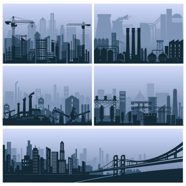 İnşaat Sanayi kenti ile büyük fabrikalar, güçlü petrol-towers, Vinç ve yüksek gökdelenler karikatür düz vektör çizimler set izole. Muhteşem modern cityscape karanlık siluetleri.