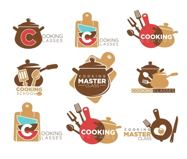 Clases Cocina Emblemas Promocionales Conjunto Con Cacerolas Grandes Cubiertos Cocina — Archivo Imágenes Vectoriales