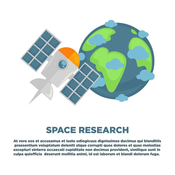 Raumfahrtforschung Werbeplakat Mit Erde Miniatur Und Modernen Künstlichen Satelliten Mit — Stockvektor
