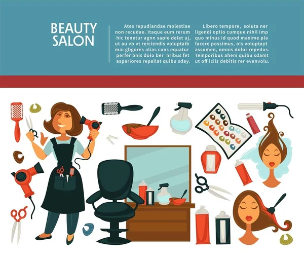 Kobieta Fryzjer Salon Urody Plakat Płaska Konstrukcja Włosów Farbowanie Stylizacja — Wektor stockowy