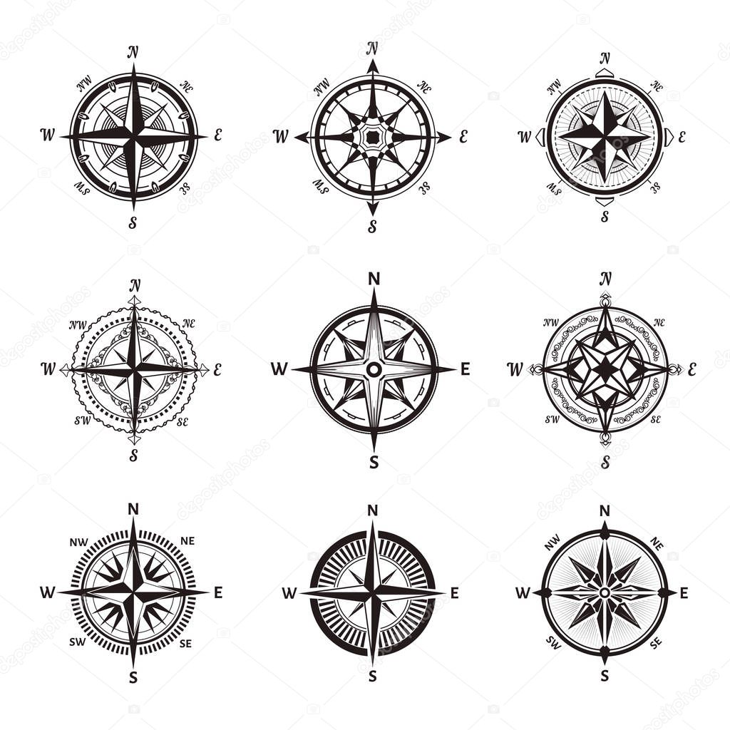 Rose of Wind in vintage monochrome design set with sharp pointers of side of world in shape of star with decorated circle behind isolated cartoon flat vector illustrations on white background.