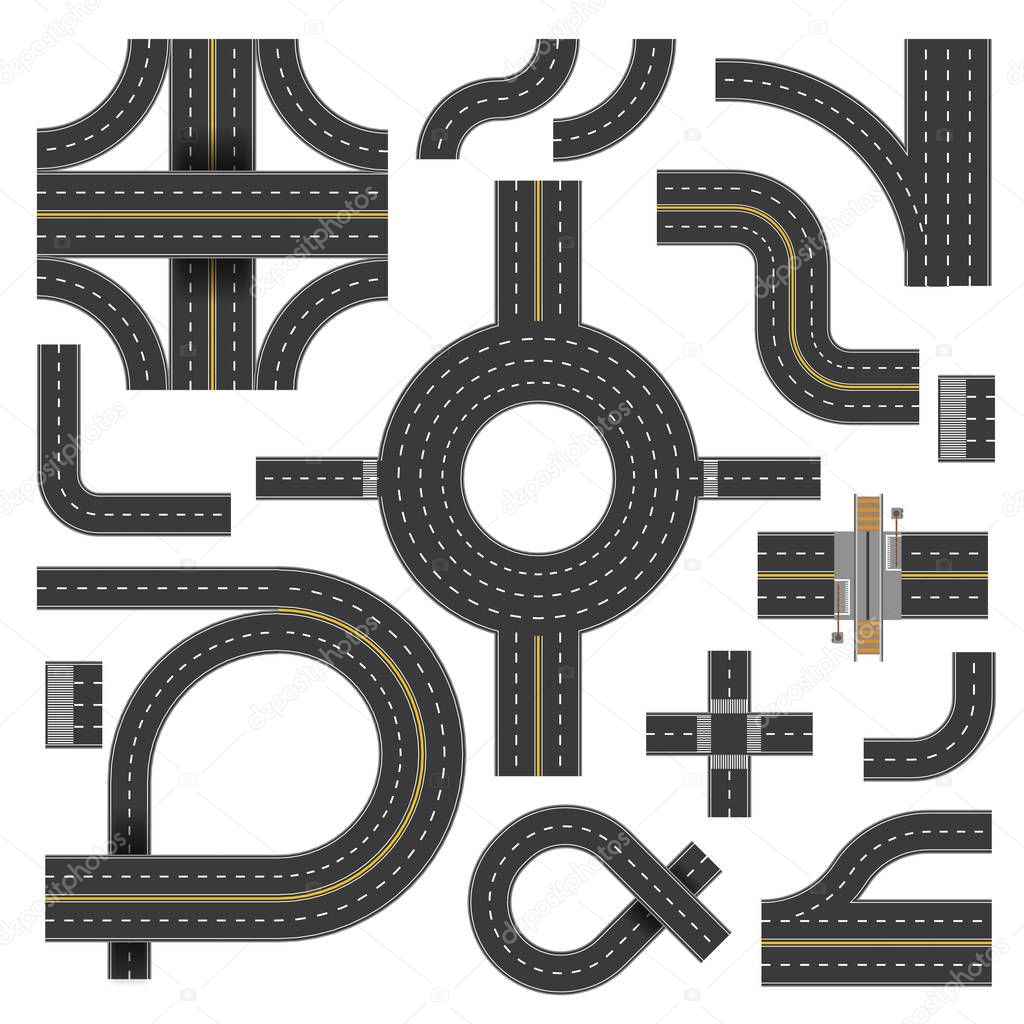 Winding road parts of various shapes and directions made of black asphalt. Circumferential track and complicated intersections isolated cartoon flat vector illustrations set on white background.